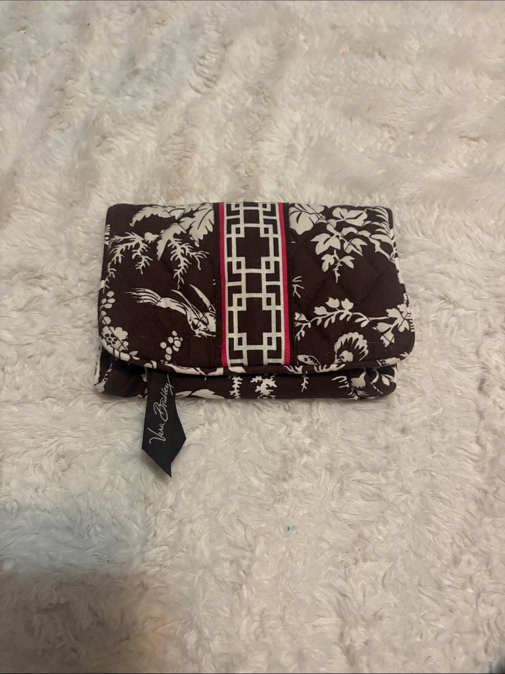 Vintage Vera Bradley Brown and Cream Floral Quilted Wallet with Pink Accent